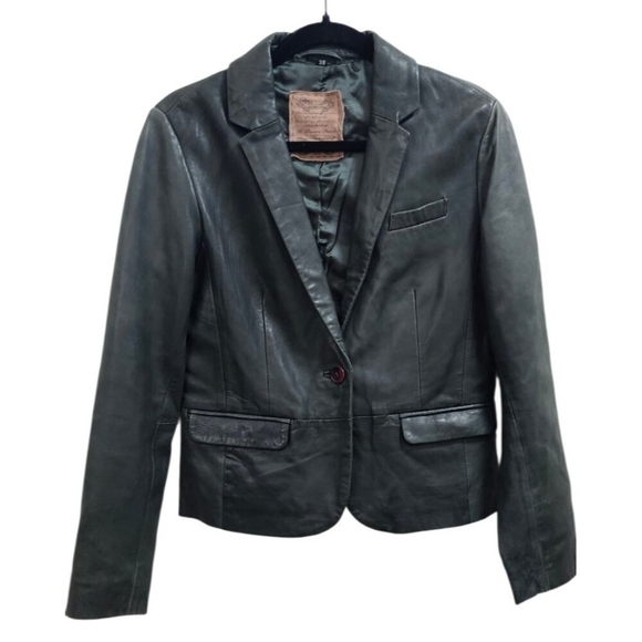 Vintage Leather Blazer Jacket Women’s EU38/US6 Green Notched Lapel Single Button - Picture 4 of 11